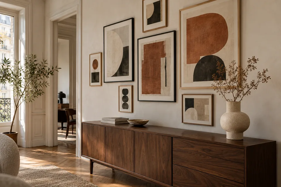 Asymmetrische Bilderwand mit Holz- und schwarzen Rahmen über einem Sideboard.