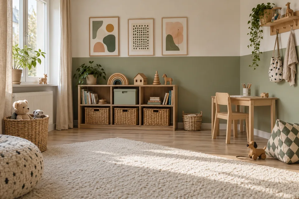 Kinderzimmer mit salbeigrüner unterer Wandhälfte und niedrigen Holzmöbeln.