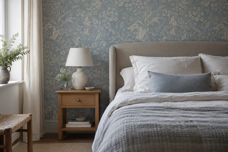 Blaue botanische Tapete hinter einem Bett mit heller Leinenbettwäsche.